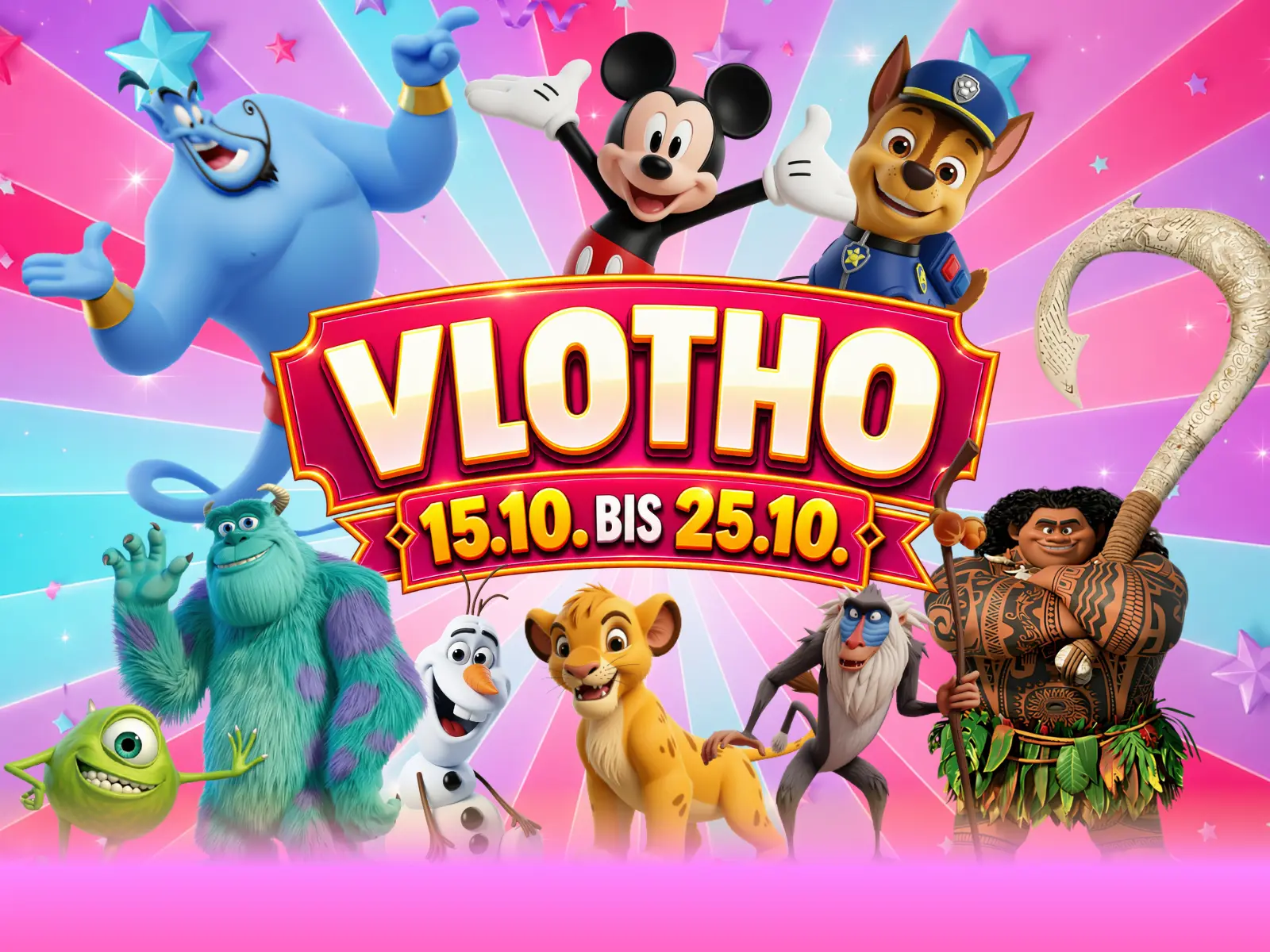 Bunte Cartoonfiguren rund um den Schriftzug Vlotho, 15.10. bis 25.10.