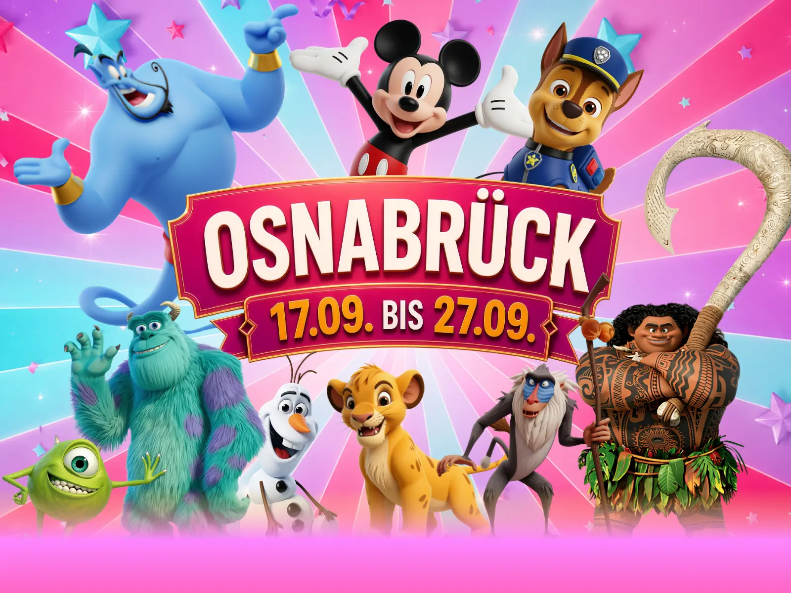 Bunte Cartoonfiguren rund um den Schriftzug Osnabrück, 17.09. bis 27.09.