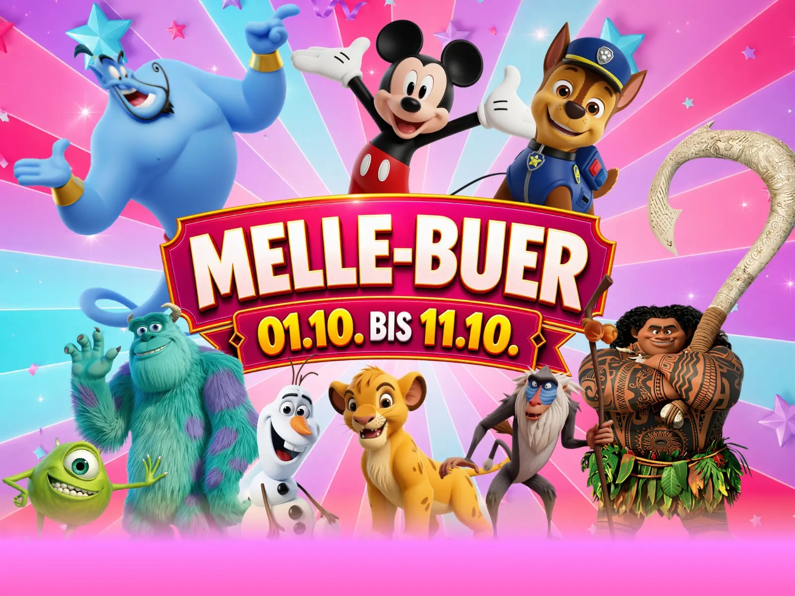 Bunte Cartoonfiguren rund um den Schriftzug Melle-Buer, 01.10. bis 11.10.