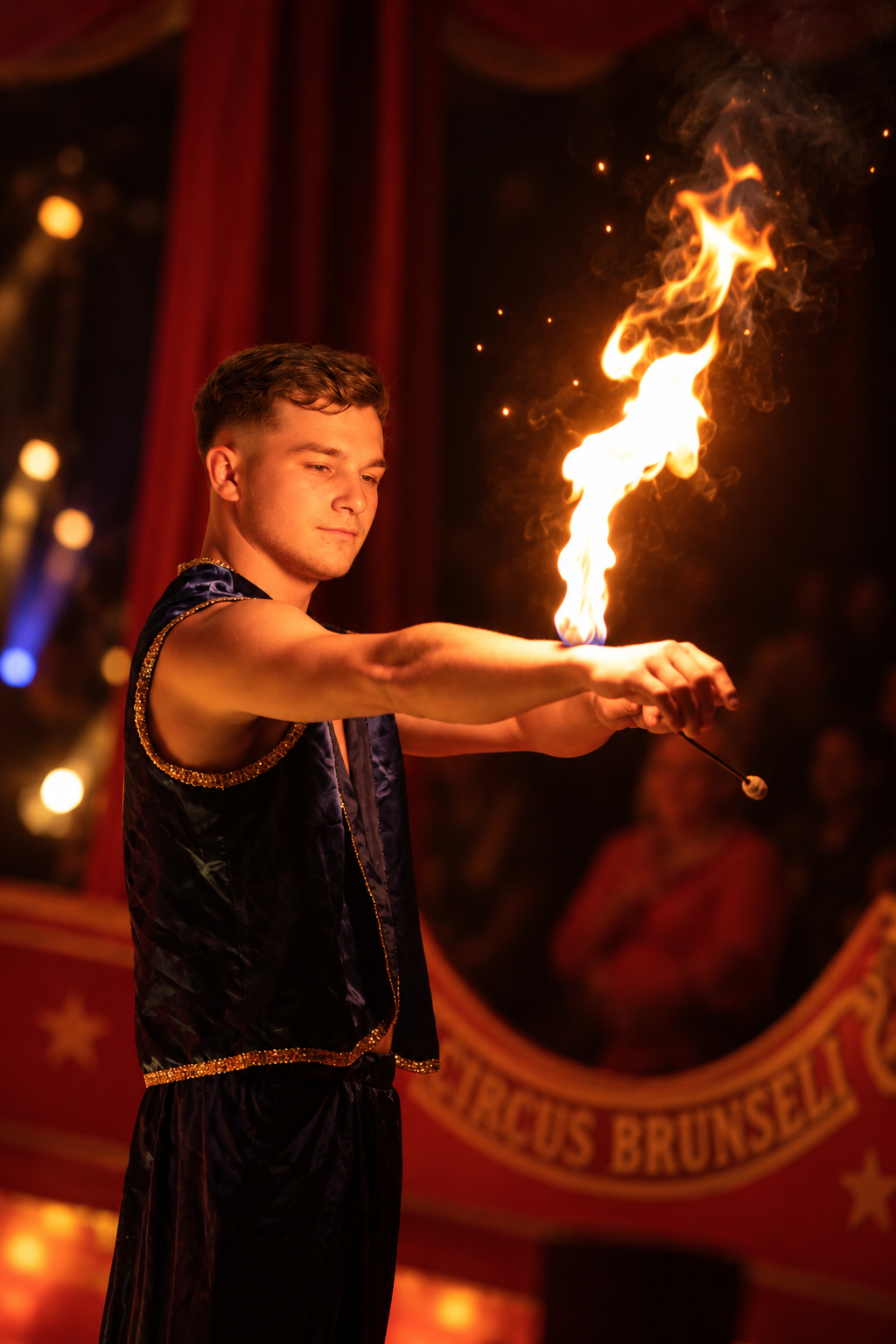 Ein Artist im blau-goldenen Kostüm hält eine brennende Fackel im Zirkus